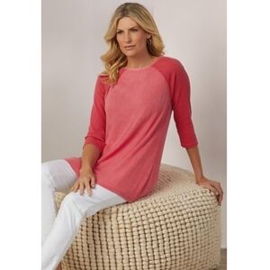 Soft Surroundings Gauze April Tee Tunic Waffle Knit Sleeve Top Pink Coral Medium